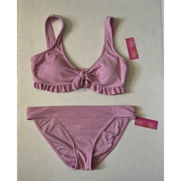 Ninety-Nine Degrees Front Tie Ruffle Bralette Top And Banded Hipster Bottoms - L - Picture 1 of 8